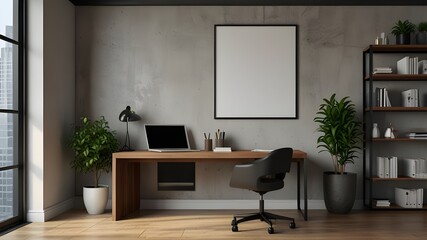 Modern office desk with a blank poster on the wall. 3D rendering