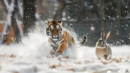 Wall Mural - Tiger chases bunny while sprinting in the snow