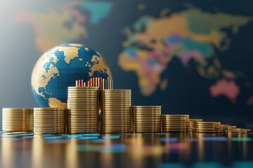Wall Mural - conceptual image of global finance featuring a globe and stacks of coins, symbolizing wealth and inv