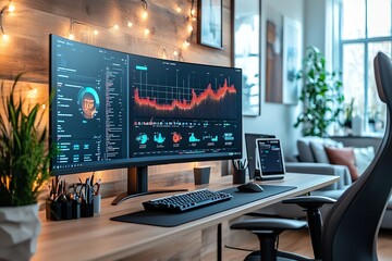 Modern workspace with a large curved monitor displaying financial data charts and graphs, a black keyboard and mouse, and a black ergonomic office chair in the foreground.