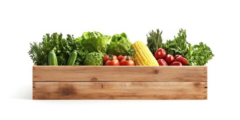 Canvas Print - A vibrant wooden crate filled with fresh vegetables and greens. This image captures the essence of healthy eating and organic lifestyle. Perfect for food-related projects and recipes. AI