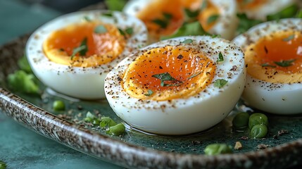 Wall Mural - Close-up of hard-boiled eggs with parsley and pepper on a plate.