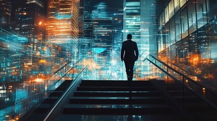 Businessman climbed the stairs, New York skyscrapers in night, double exposure of growing arrows and abstract lines. generative ai