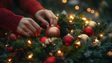 A close-up of hands decorating a festive Christmas wreath with ornaments and warm fairy lights.