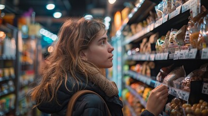 Young woman browsing and selecting organic products in a sustainable bulk food store filled with eco-friendly items and natural produce.