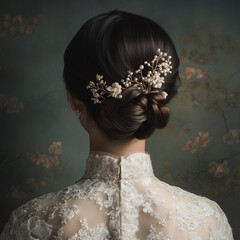 An Asian bride hair style with an intricate braided crown, adorned with small pearls woven through the hair
