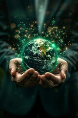 A person holds a glowing globe surrounded by digital connections, symbolizing global unity and technology in a modern setting