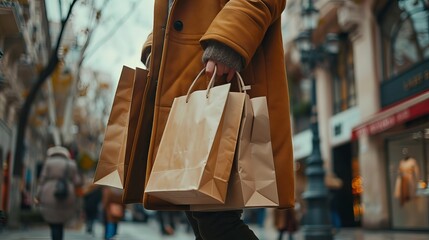 Close-up of woman’s hand holding multiple shopping bags while strolling down a busy urban street