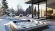© atipong - A modern outdoor hot tub embedded into the terrace on a cold winters day.