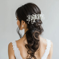 An Asian bride hair style with an intricate braided crown, adorned with small pearls woven through the hair
