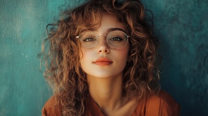 Portrait of an attractive young woman with curly hair and glasses