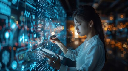 A woman uses a digital tablet to interact with a holographic data interface in a modern tech workspace during nighttime