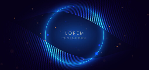 Wall Mural - abstract futuristic wave glowing blue light lines on dark blue background with blue neon circle fram