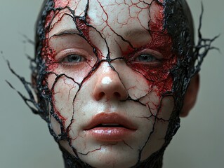 Poster - Surreal Portrait of a Woman with a Cracked and Bleeding Face