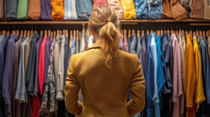 Woman in a yellow blazer looking at clothes. This photo can be used to illustrate a shopping spree, a retail experience, or fashion choices.