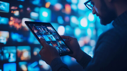 Wall Mural - a man in glasses using a tablet in front of a wall of blue screens.