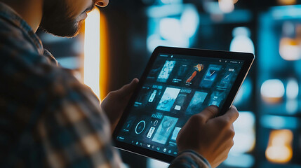 Wall Mural - a man uses a tablet to view data and information.