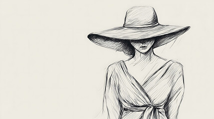 Poster - A simple line drawing of a woman wearing a large sun hat.