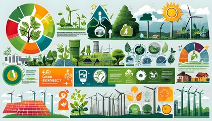 Wall Mural - Icons of energy efficiency showcasing eco-friendly technologies, front view design, emphasizing sustainable practices with a modern aesthetic and harmonious color palette