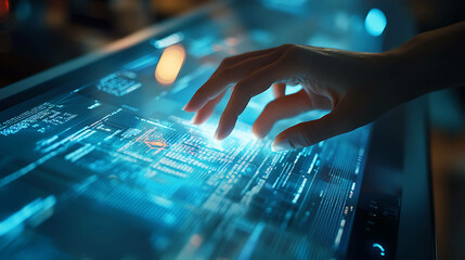 Wall Mural - a hand interacting with a glowing digital screen, suggesting a futuristic or technological concept.