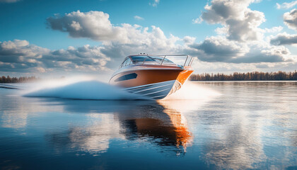 Wall Mural - Luxury motor yacht speeding on a lake surrounded by forest