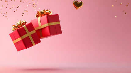 Sticker - Two red gift boxes with golden ribbon and bow floating in the air with a golden heart shape on a pink background.