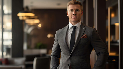 A confident businessman in a grey suit stands in a modern lobby.