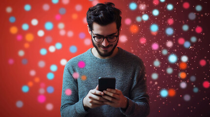 A man with a beard and glasses looks at his phone with a smile.