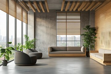 Wall Mural - Contemporary wooden and concrete coworking office interior with empty mock up place on wall, panoramic window and city view, furniture and decorative plants, blinds. 3generative ai