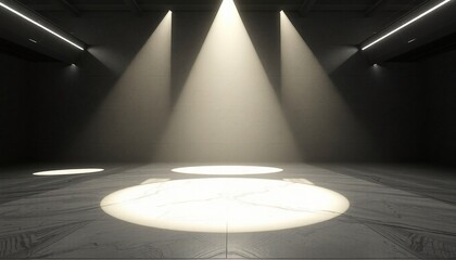 A dark room with three spotlights illuminating a circular marble platform.