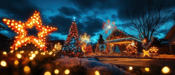 A beautifully decorated neighborhood showcasing vibrant Christmas lights against a deep blue evening sky, creating a festive atmosphere.