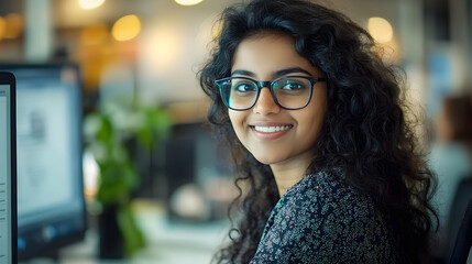 Poster - Young successful Indian IT developer female engineer working inside the office of a development company portrait of a female programmer with curly hair and glasses, smiling and looking at the camera.