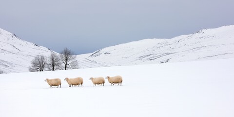 A striking winter scene of Romney sheep huddled together in the snow-covered uplands of Cumbria