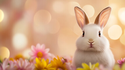 Fluffy white bunny with colorful easter eggs, isolated on white background