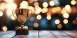 © ALLAI - Golden trophy glowing under celebration lights on wooden table