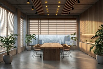 Wall Mural - Contemporary wooden and concrete coworking office interior with empty mock up place on wall, panoramic window and city view, furniture and decorative plants, blinds. 3generative ai