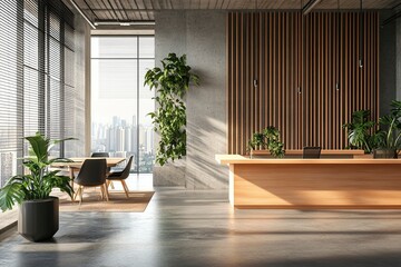 Wall Mural - Contemporary wooden and concrete coworking office interior with empty mock up place on wall, panoramic window and city view, furniture and decorative plants, blinds. 3generative ai