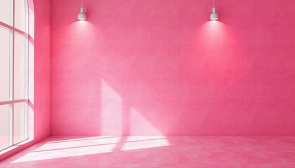 Wall Mural - Minimalist pink room interior with arched window and light fixtures.