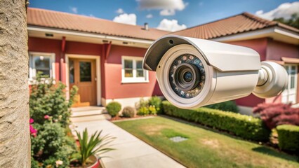 Close-up view of a modern home security camera monitoring vigilantly, showing details of advanced technology and vigilance around the area,