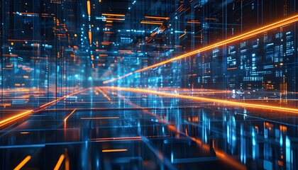 Futuristic digital network grid glowing with blue and orange lights, highlighting advanced technology and seamless data communication