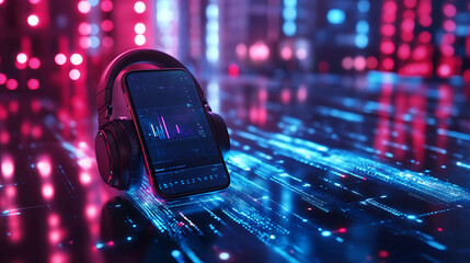 Wall Mural - black headphones and smartphone with a digital display sit on a futuristic surface with blue and red