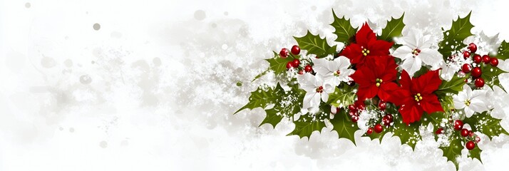 Wall Mural - Red and white poinsettias with holly berries.