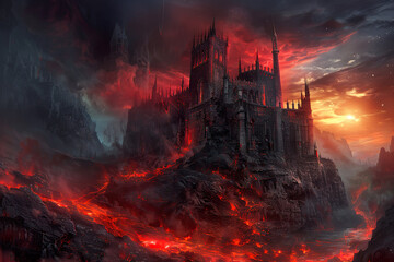 Wall Mural - a red and black castle with a lava flow in front of it.,
