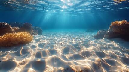 Wall Mural - Underwater view of a pristine, sandy ocean floor with sunlight beaming through the water.