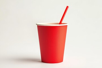 Isolated red paper cup with a straw on a clean white background for photography display purposes.