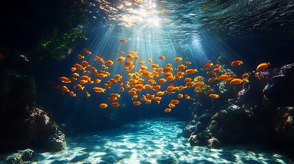 Wall Mural - A school of orange fish swim through a sunbeam in the ocean, with coral reefs in the background.