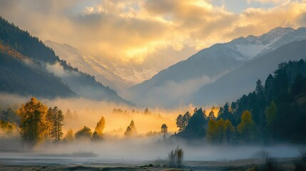 Wall Mural - A misty morning in Pahalgam, with the sun rising over snow-capped peaks, casting a golden glow over the valley.