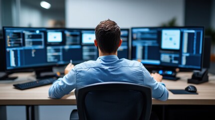 Wall Mural - professional in front of multiple monitors in office