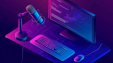 Wall Mural - A computer desk with a monitor, keyboard, mouse, and a microphone set up for streaming.