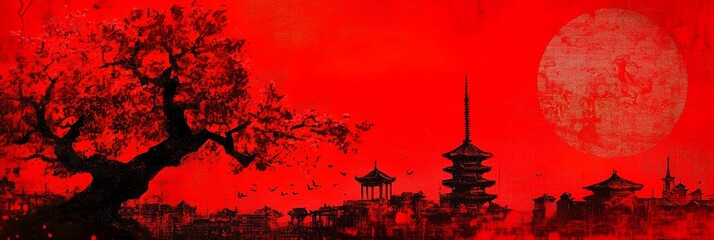 Canvas Print - Silhouette of a Japanese city with a large red moon in the background.